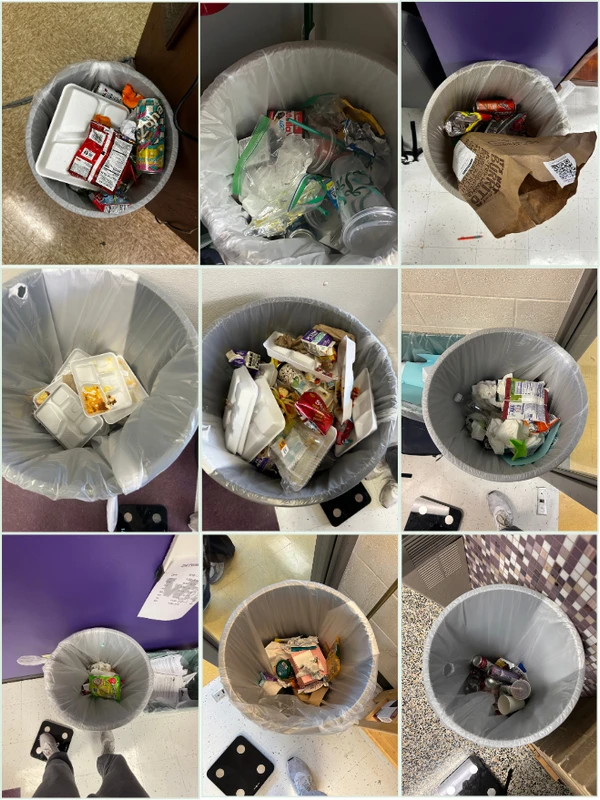 Various photos of trash cans from a trash audit